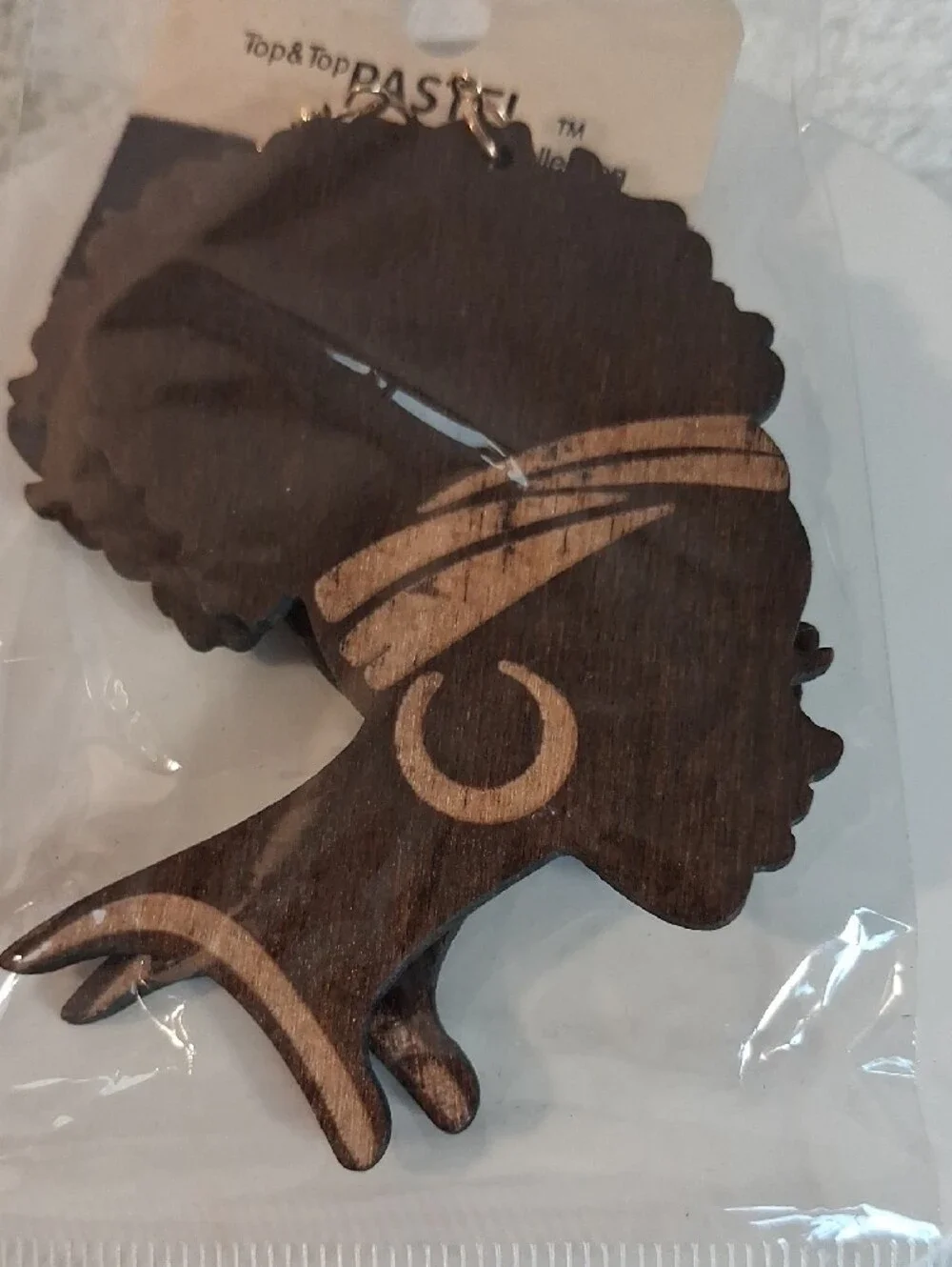 Top & Top Pastel Dark Brown Afro Silhouette Wood Accent EARRINGS